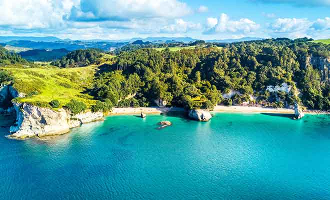 Les plages de Mare's Leg Cove et de Cathedral Cove sont reliées par une arche creusée dans la roche par les vagues au fil des siècles.