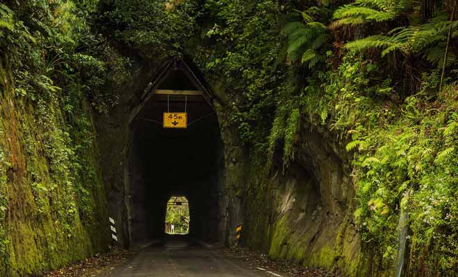 La Forgotten World Highway qui couvre plusieurs centaines de kilomètres comporte de nombreux passages creusés dans la roche.