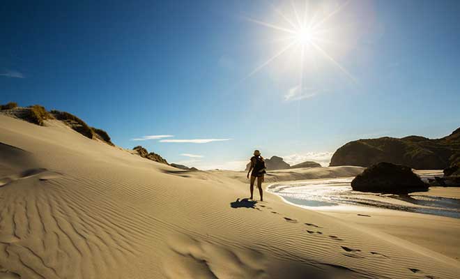 La plage de Wharariki est précédée par des dunes de sable fin.
