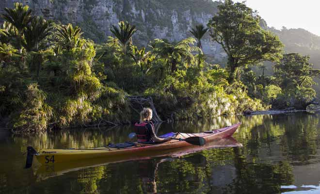 Descendre la rivière Pororari en kayak dans le parc national de Paparoa permet d'admirer des paysages dignes de Jurassic Park.