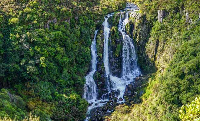 Petite merveille cachée sur la route qui mène de Rotorua à Napier, les Waipunga Falls méritent que l'on fasse une petite pause en voiture pour les admirer.