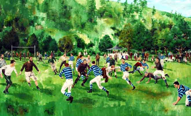 Paul Wilding a peint ce tableau qui représente le premier match de rugby de Nouvelle-Zélande à Botnaical Hill en 1870?