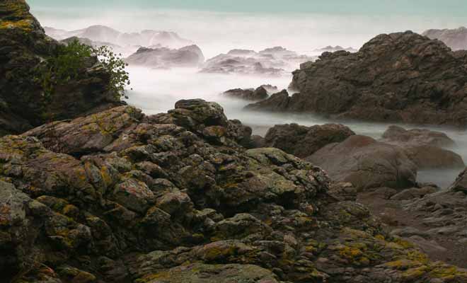 La brume matinale ajoute une note fantastique à la côte déchiquetée de Kaikoura.