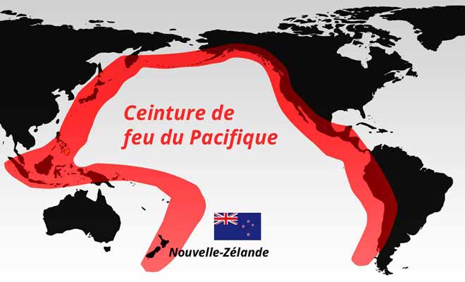 La Nouvelle-Zélande se situe sur la ceinture de feu du Pacifique. Ce qui explique la présence de volcans et d'une forte activité géothermique, principalement sur l'Île du Nord.