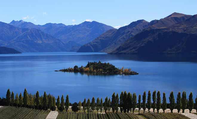 L'île que l'on aperçoit du haut de Rippon Vineyard porte le nom de Ruby Island, en hommage à une célèbre danseuse de cabaret de la région.