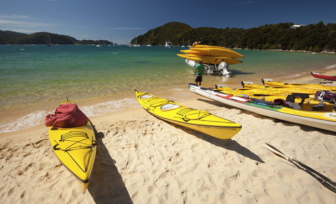 La maggior parte dei turisti esegue la loro iniziazione al kayak nel parco nazionale Abel Tasman con una guida esperta che li insegna le manovre di base.