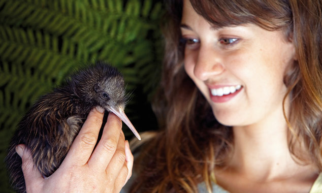 Jonge vrouw die een kiwi in haar hand houdt.