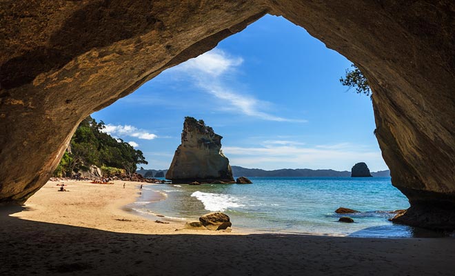 De enorme kalksteenboog die in de rots is uitgehouwen, heeft Cathedral Cove bekend gemaakt. Het strand dient ook als een natuurlijke omgeving in het tweede deel van de Narnia World Trilogy.