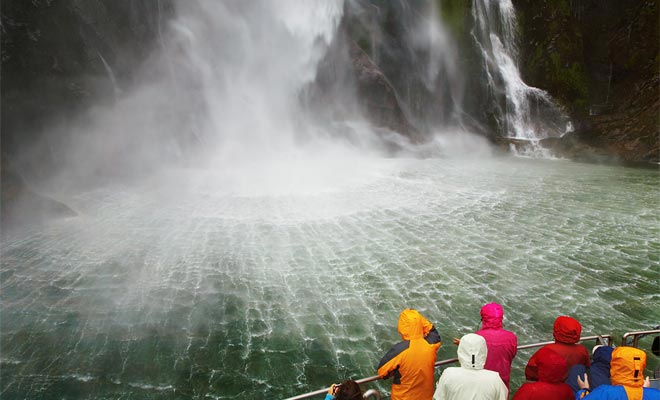 La crociera si avvicina alle cascate di Stirling fino a riempire una bottiglia con acqua pura che scende dalle scogliere. È un'esperienza unica che richiede di coprire bene in modo da non immergersi!