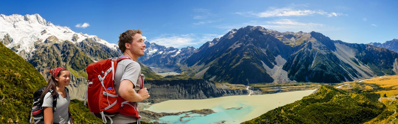 Hiking the Tasman Glacier in Mount Cook Valley.