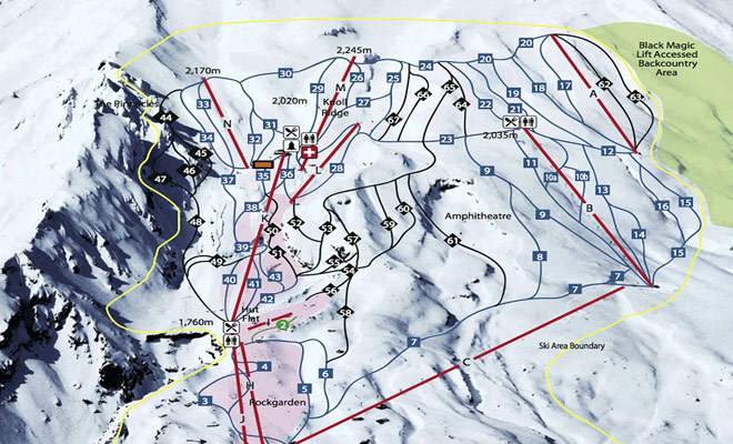 De Whakapapa Trail Maps helpen u bij het kiezen van geschikte afdalingen voor uw skigebied.