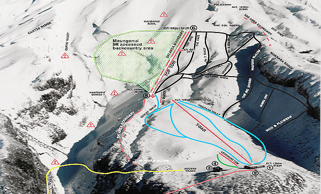 De kaart van de pistes van Mont Taranaki helpt u om afdalingen aan te passen die zijn aangepast aan uw ski-niveau.